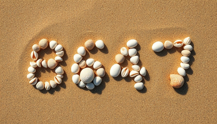 Seashells and stones form the number 8647 on sand.