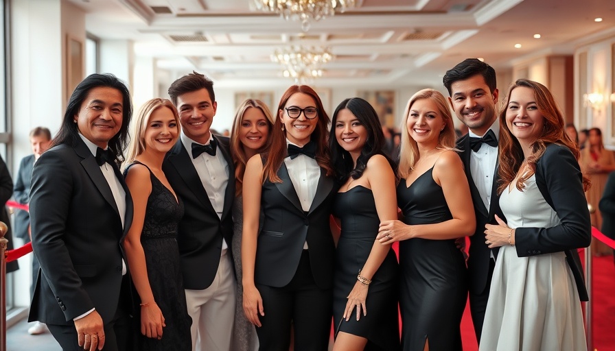 Elegant group at Ari Aster Eddington reception, smiling on red carpet.