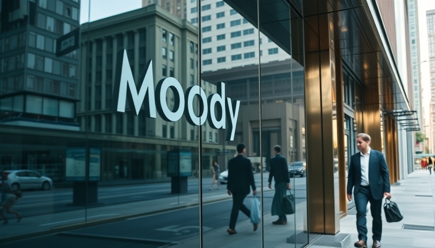 Moody's office glass facade reflecting city life, US credit rating downgrade impacts.