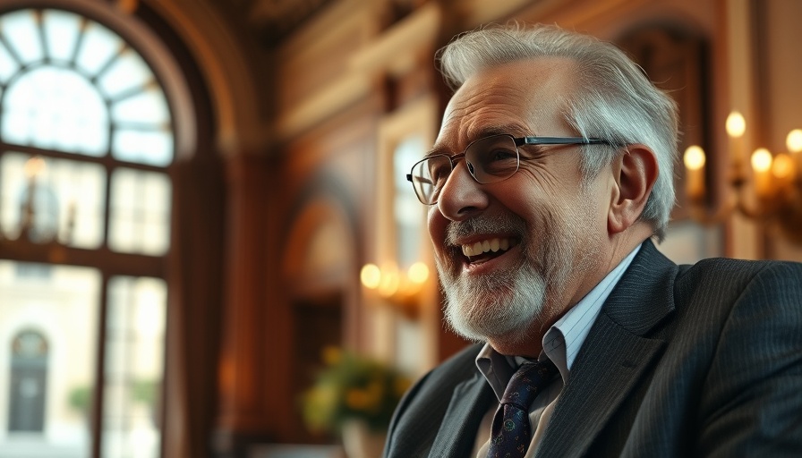 Elderly businessman smiling and speaking indoors with warm lighting.