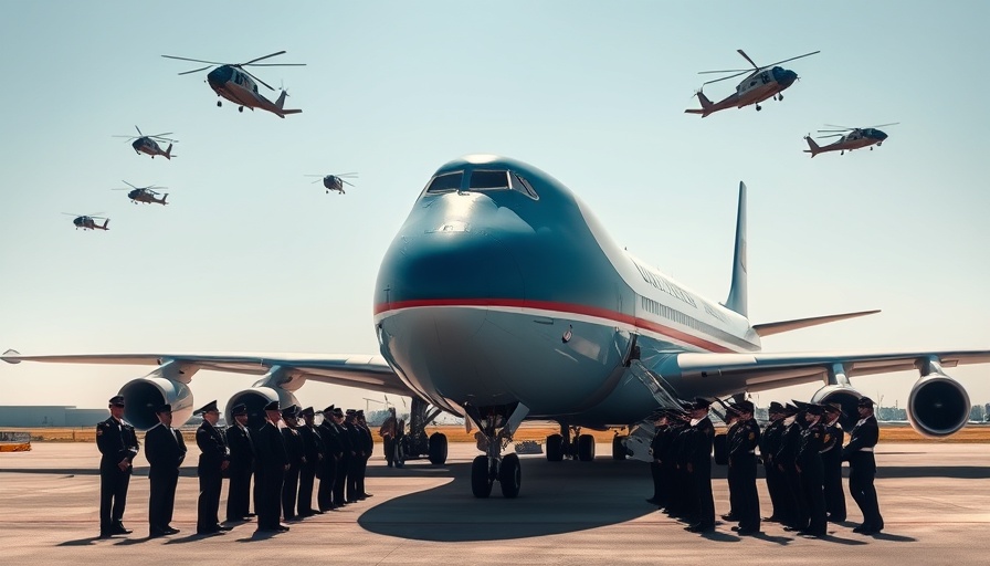 Air Force One parked at airport with honor guard and helicopters.