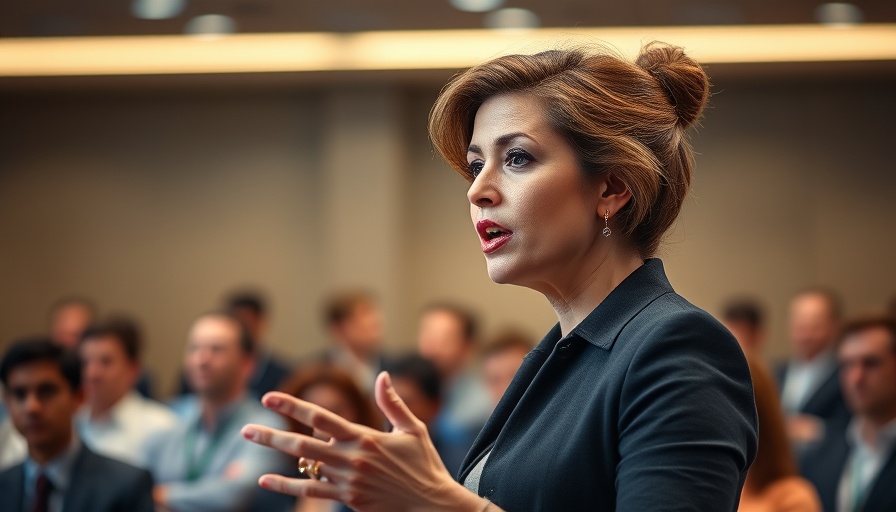 Woman giving a speech in a conference setting.