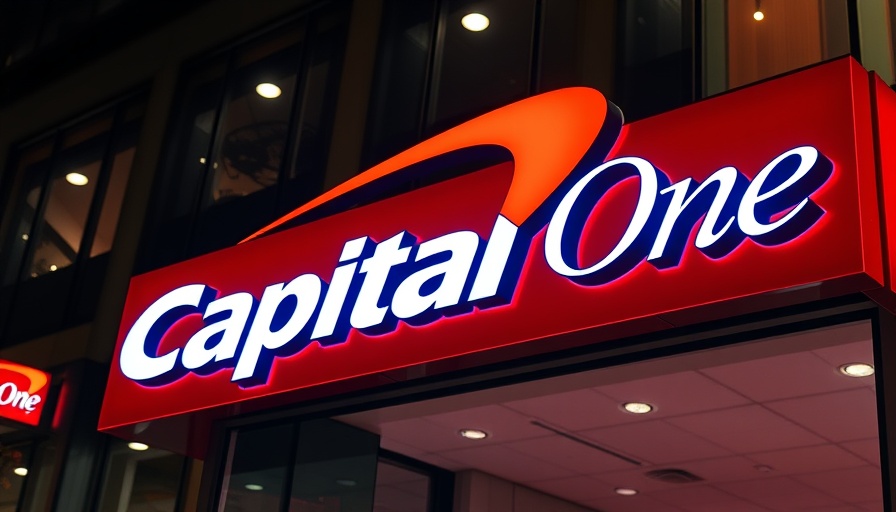 Capital One Bank sign glowing at night in an urban setting.