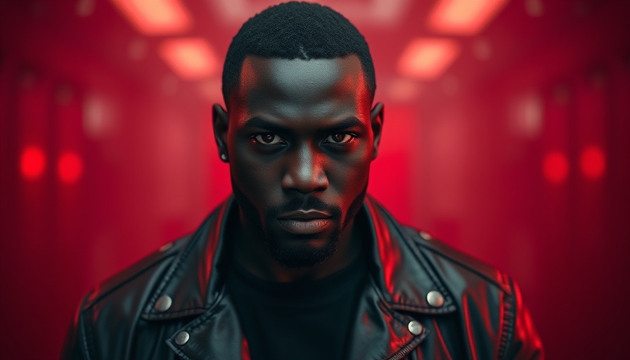 Trending news: Intense man in leather jacket against red backdrop.