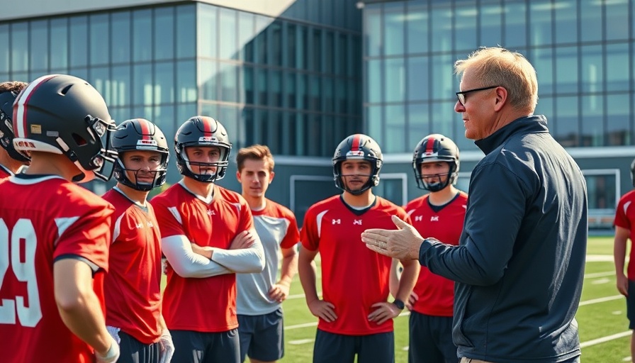 Coach instructing players at NFL OTA practices, outdoor sports facility.