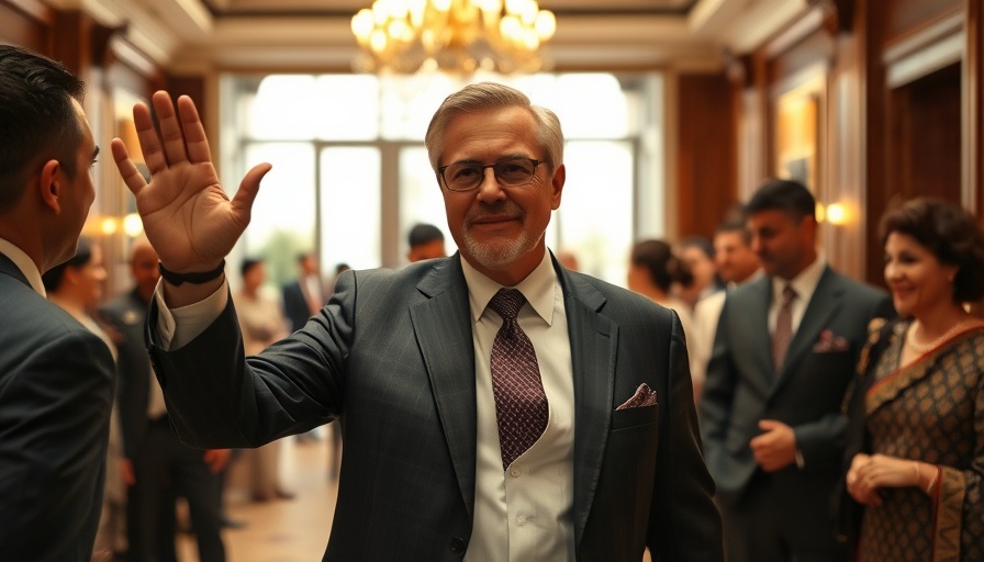 Charismatic man waving in a formal setting with traditional attire.