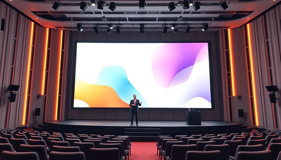 Futuristic stage with digital display for artificial intelligence updates.