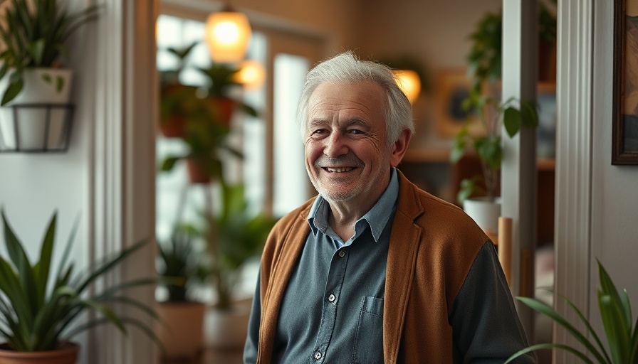 Elderly man smiling, standing at a doorway, promoting healthy lifestyle benefits.