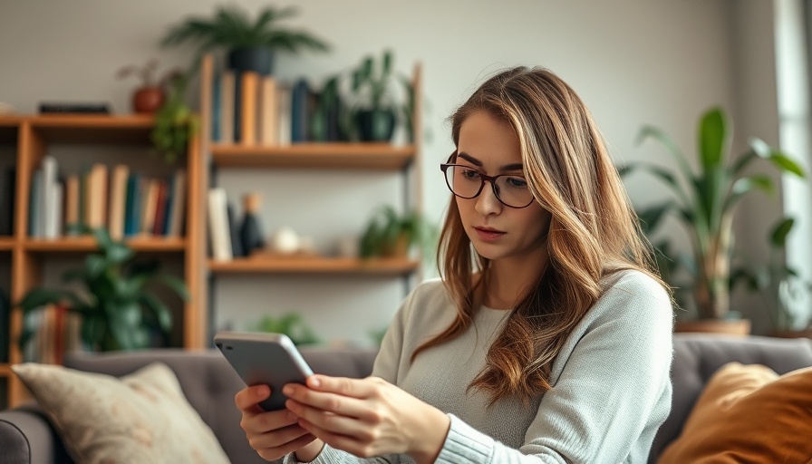 Concerned woman experiencing cell phone satisfaction decline in living room.