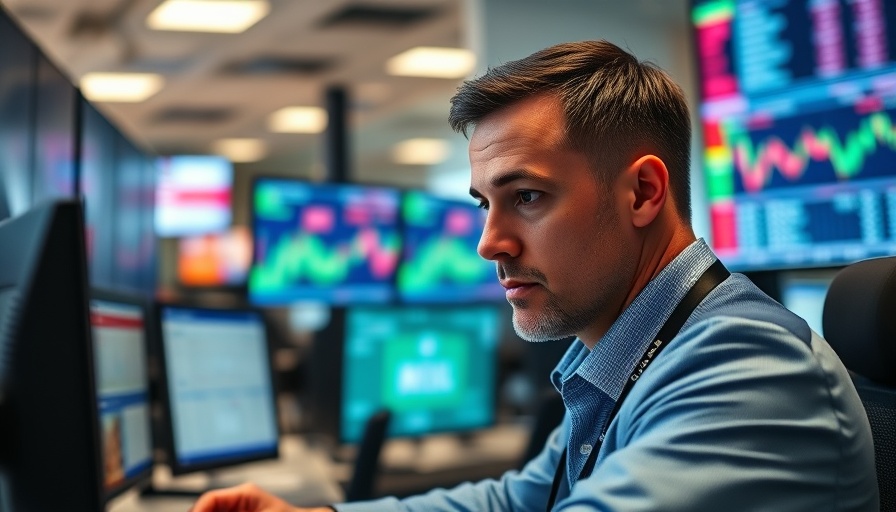 US bond sell-off trader analyzing data on bustling stock floor.