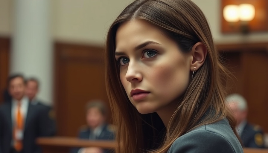 Serious young woman looking sideways in a courtroom setting.