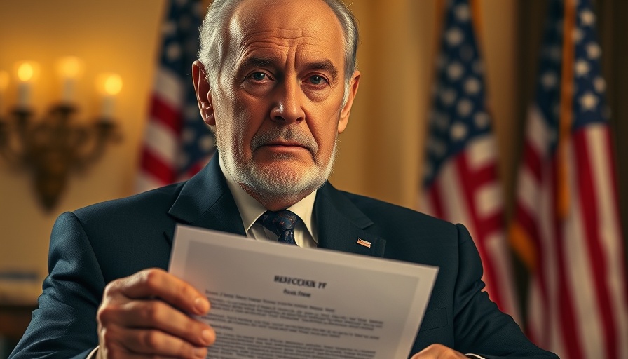 Older man displays signed document, flags in background.