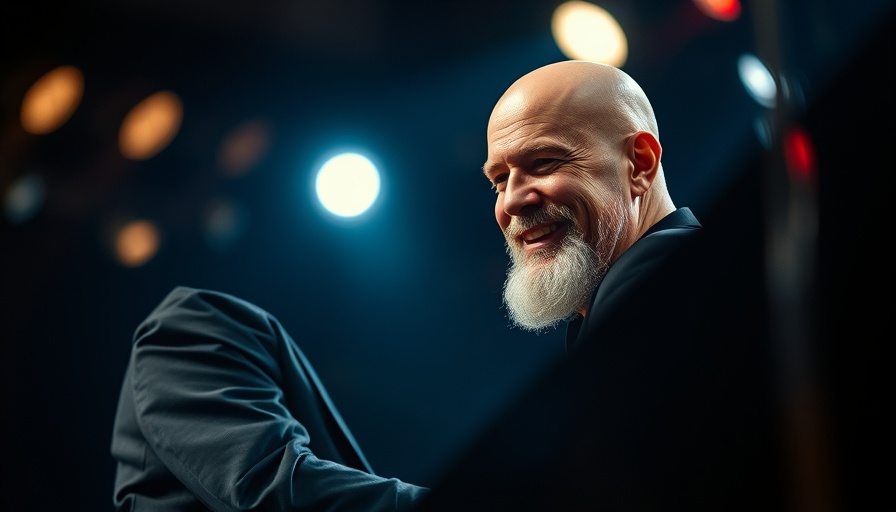 Bald pianist smiling during a concert performance, stage lighting
