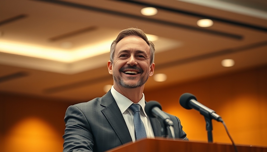 Smiling man speaking at conference with microphones.