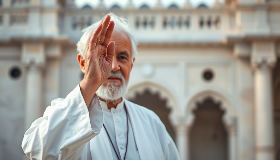 Elderly man in white attire with ring gesturing, trending news on social media.