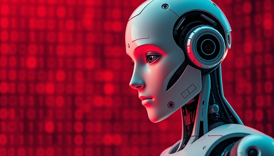 Humanoid robot reflecting on AI consciousness, red binary backdrop.