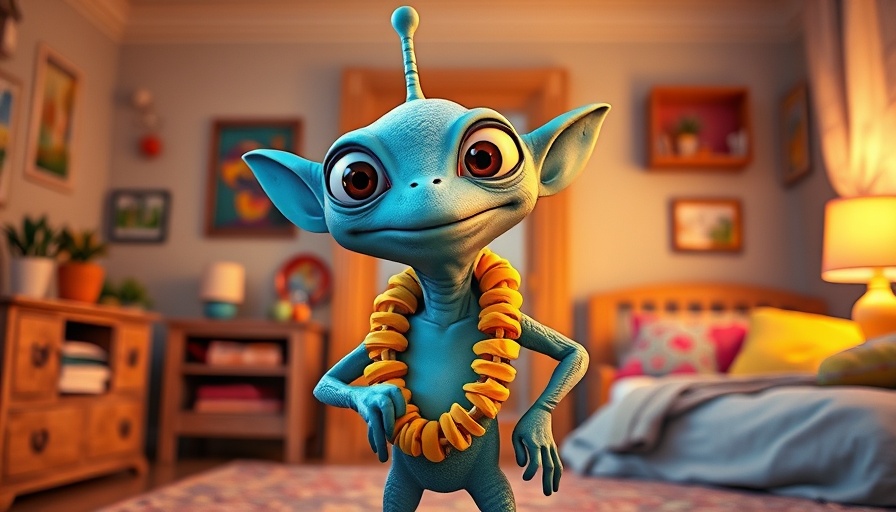 Adorable cartoon alien in a cozy bedroom setting with plush toys.