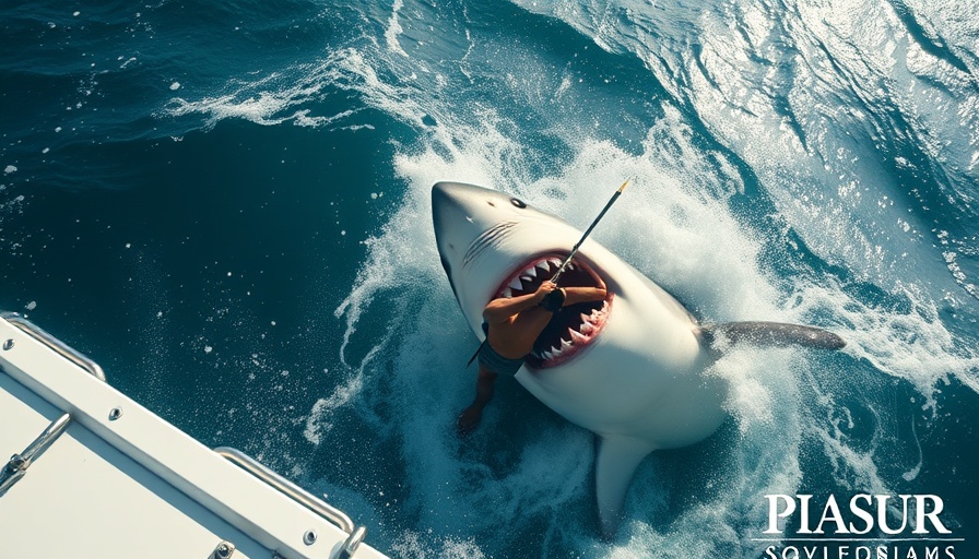 Human faces great white shark in ocean for shark conservation awareness.