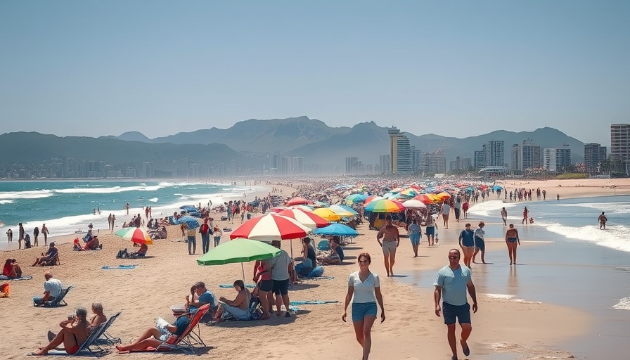 Lively beachfront with colorful umbrellas and ocean waves.