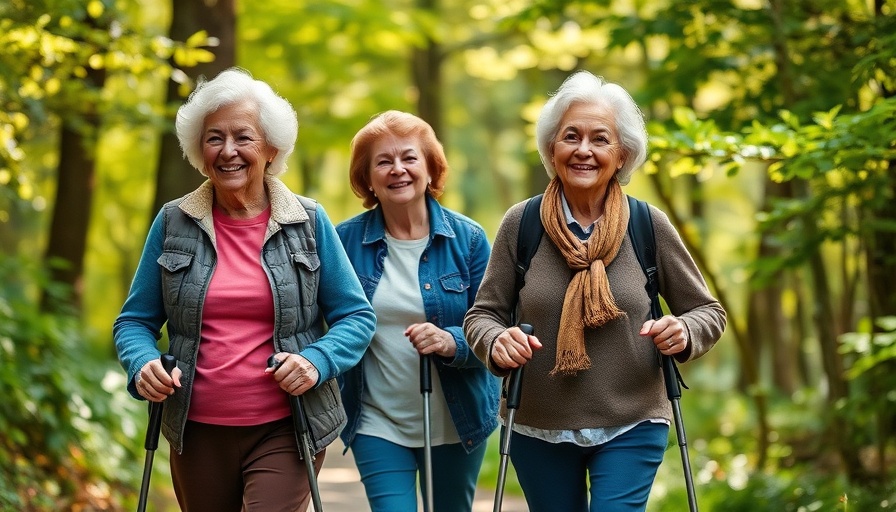 Elderly women exercising in forest for heart and lung fitness.