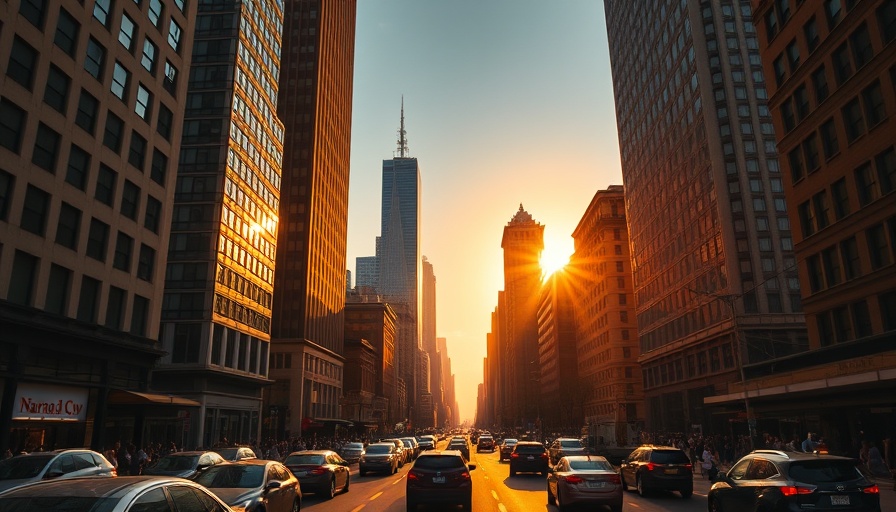Sunset during Manhattanhenge 2025, warm glow over busy street.