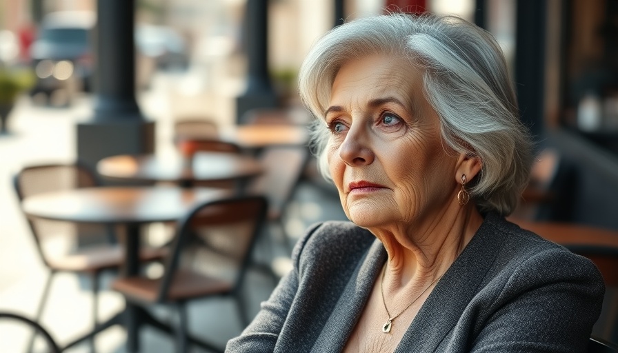 Elegant older woman pondering outside a café, vitamin D supplements aging.