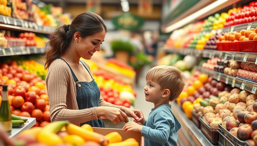 Mother and child in supermarket selecting fruits, reflecting health trends.