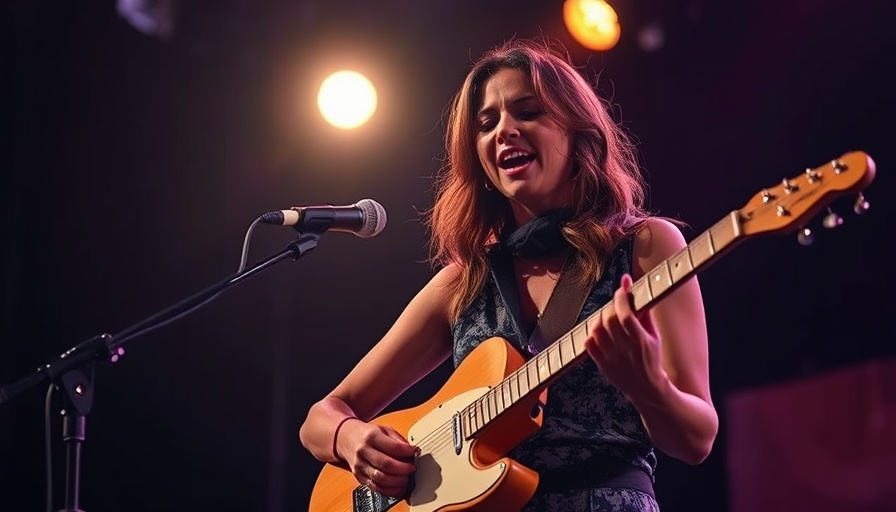 Famous musician performing with guitar under stage lights, emotional and expressive.