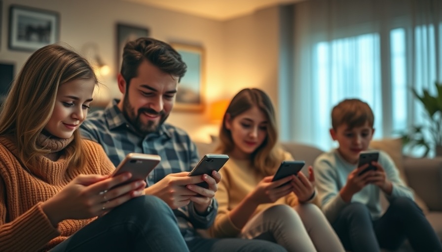 Impact of social media on mental health represented by family using smartphones.