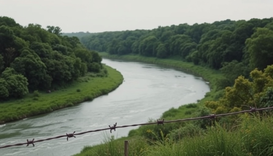 Serene river scene with barbed wire and lush greenery in breaking international news image.