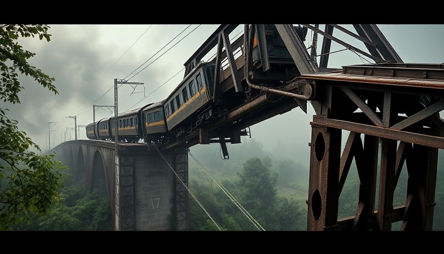 Damaged train on collapsed bridge amid trending news backdrop.