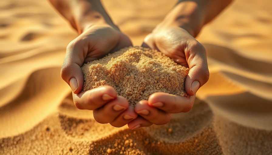 Hands holding sand against a background of South African land.
