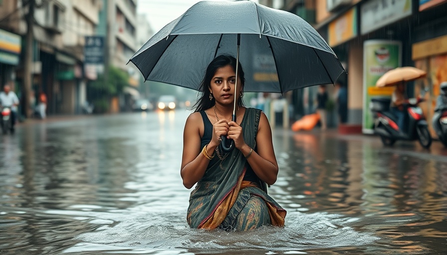 Monsoon flooding in Indian city street with people navigating waters.