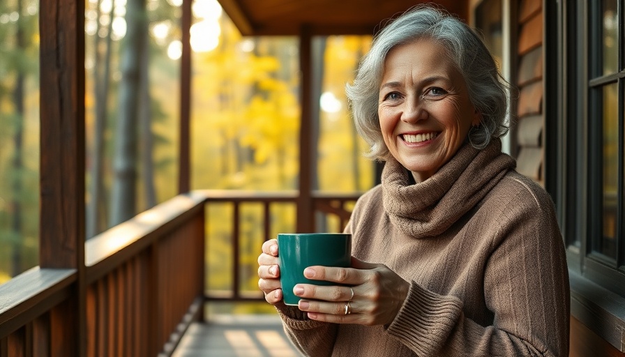 Content woman enjoying coffee outdoors, promoting healthy aging.