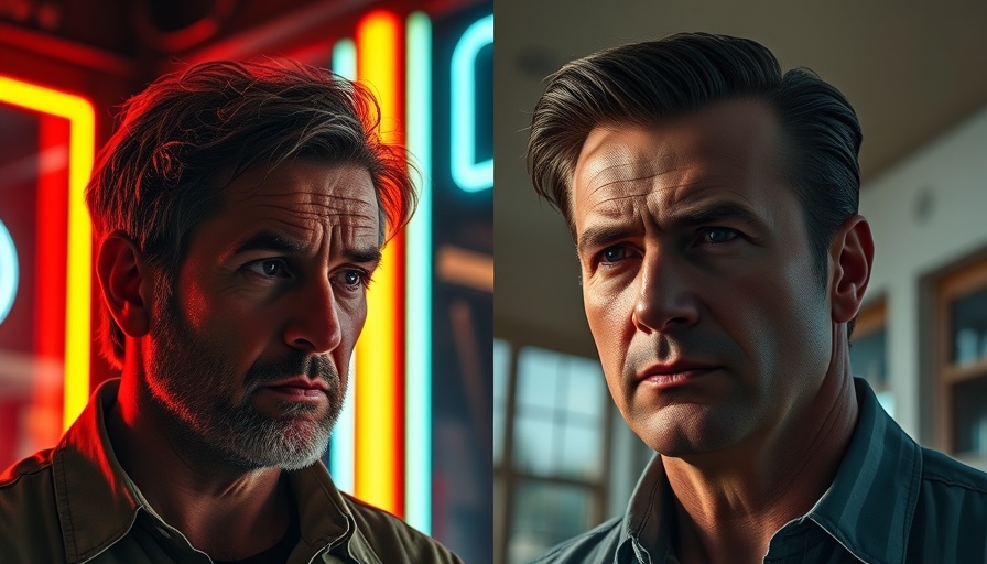 Two men, one under neon lights, the other in daylight, contrasting settings.