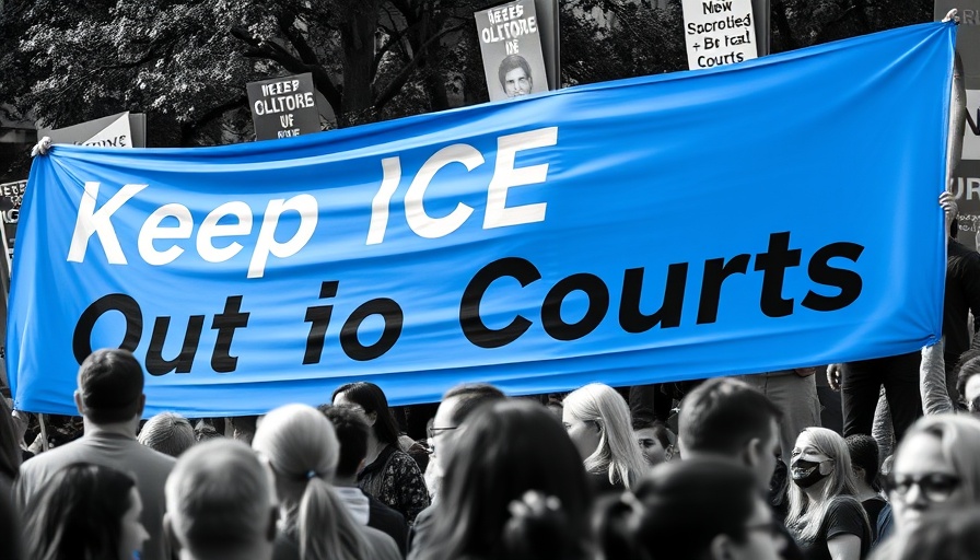 Protest against ICE courthouse raids with visible banner.
