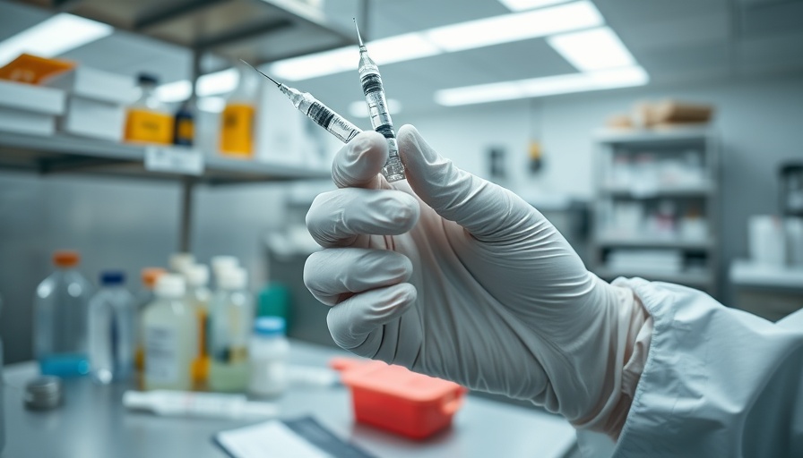 Gloved hands with syringe in lab, colon cancer immunotherapy research.