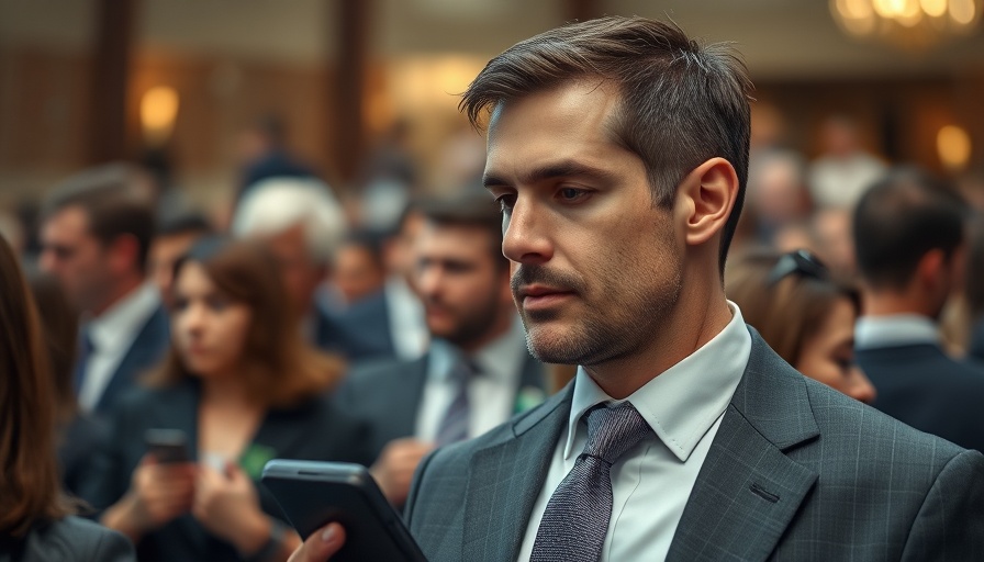 Well-dressed man looking at phone in crowd at formal event.