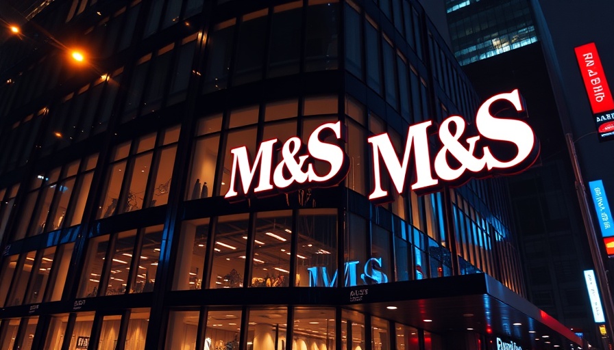Illuminated M&S building at night reflecting news today.