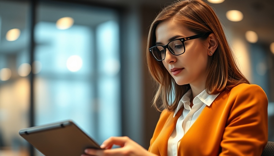 AI-Optimized Data B2B Site Search, professional woman using tablet in office.
