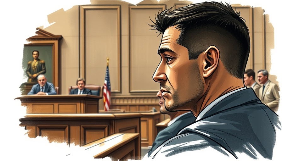 Courtroom sketch depicting trial scene with judge and witness.