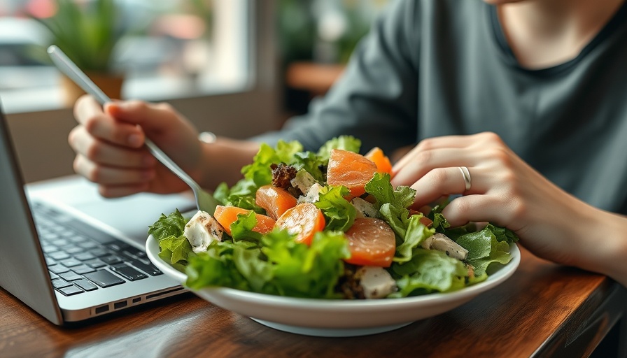 Person enjoying salad while working, relates low-calorie diets mental health.