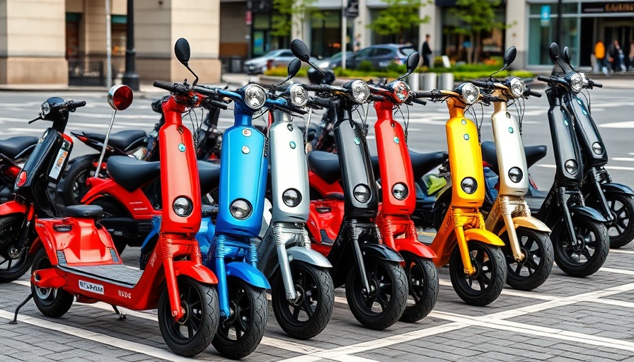 Assorted branded e-scooters parked in a designated urban area.