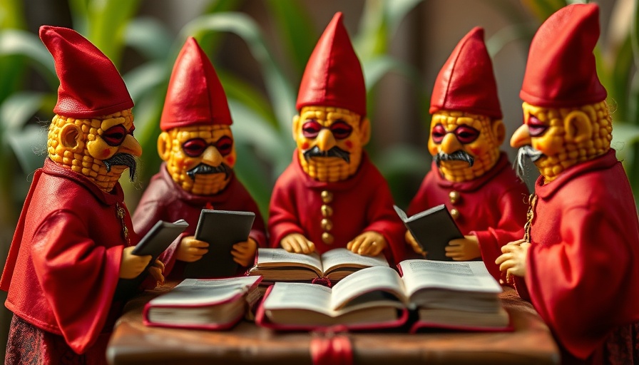 Whimsical corn cob cardinals in ceremonial setting showing trending news today.