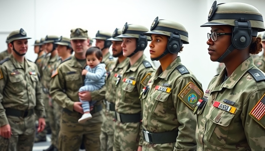 National Guard troops standing in line indoors during deployment event.