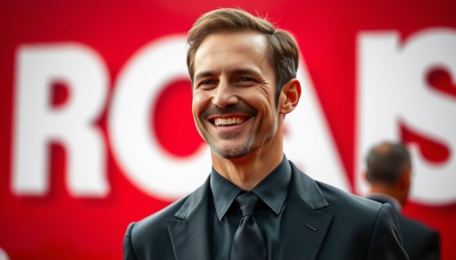 Smiling man at red carpet event with red backdrop.