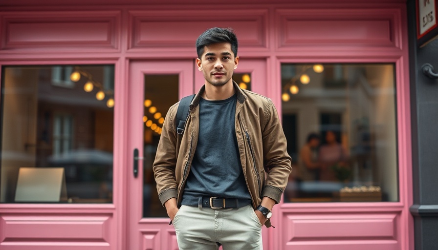 Casual person in front of pink storefront; AI impact on white collar jobs.