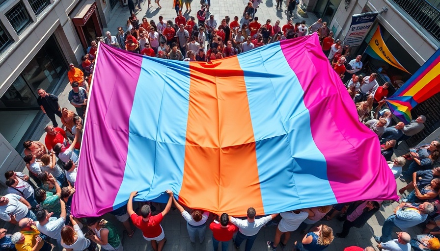 Aerial view of large trans pride flag carried by diverse advocates for trans rights.