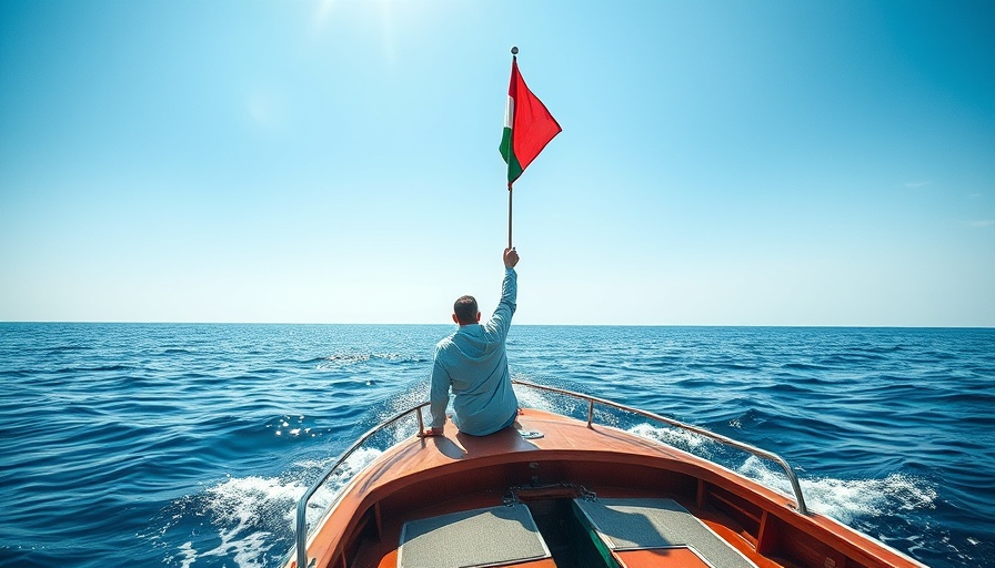 Protest vessel with Palestinian flag on serene sea.