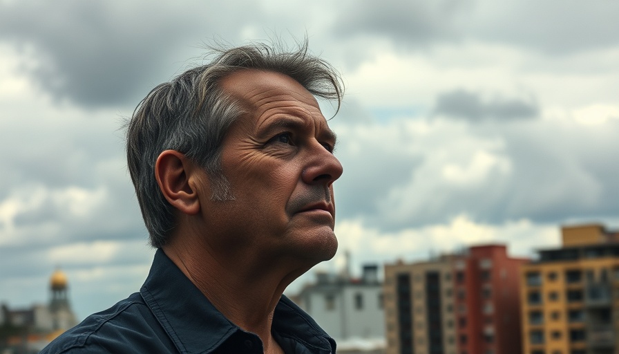 Man overlooking city during overcast day, contemplating.